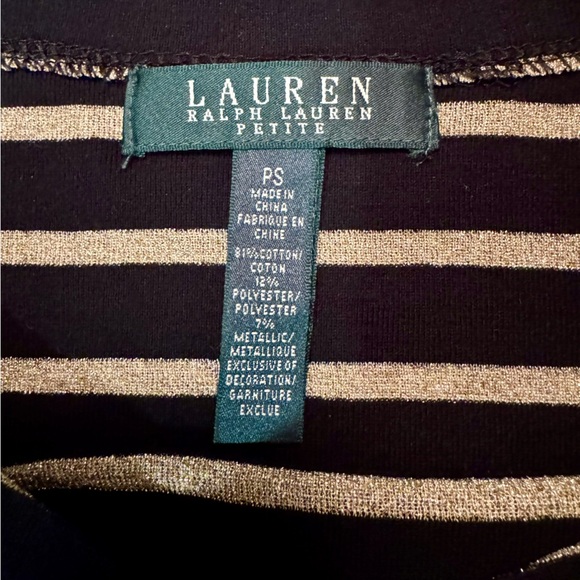 Lauren Ralph Lauren Petite Black Gold Metallic Stripes Short Sleeves Size PS - Picture 3 of 10